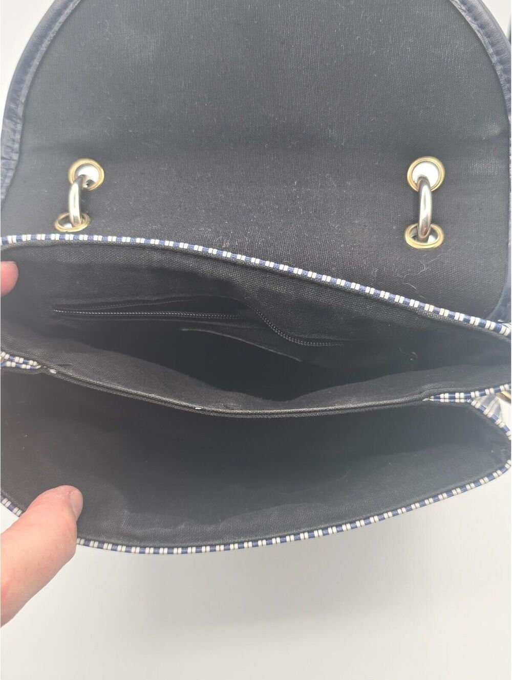 Vintage LIZ by Liz Claiborne Navy & White Striped Faux Leather Nautical Handbag - Picture 13 of 14